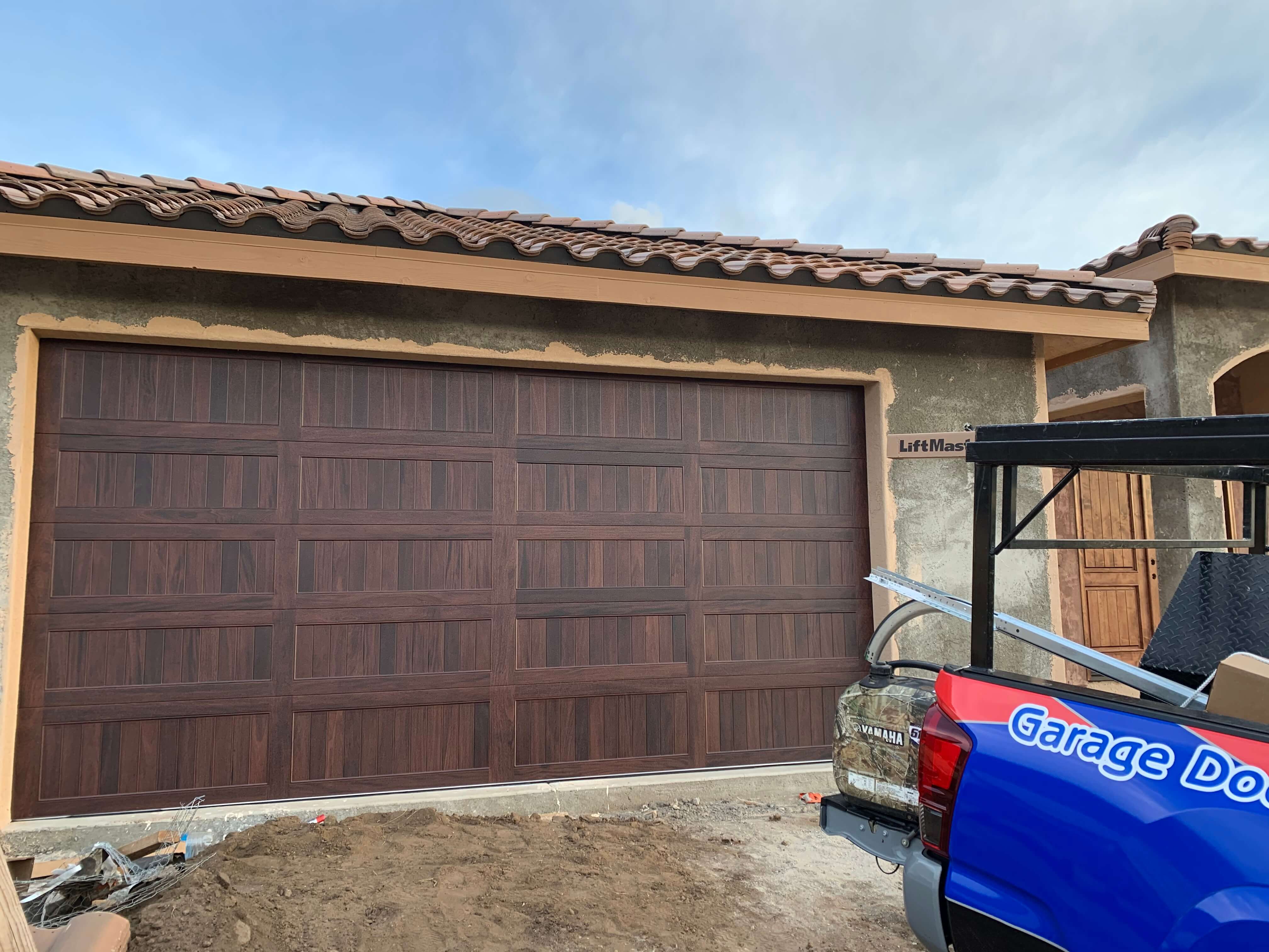 dark walnut finish on CHI Garage Doors in Alpine