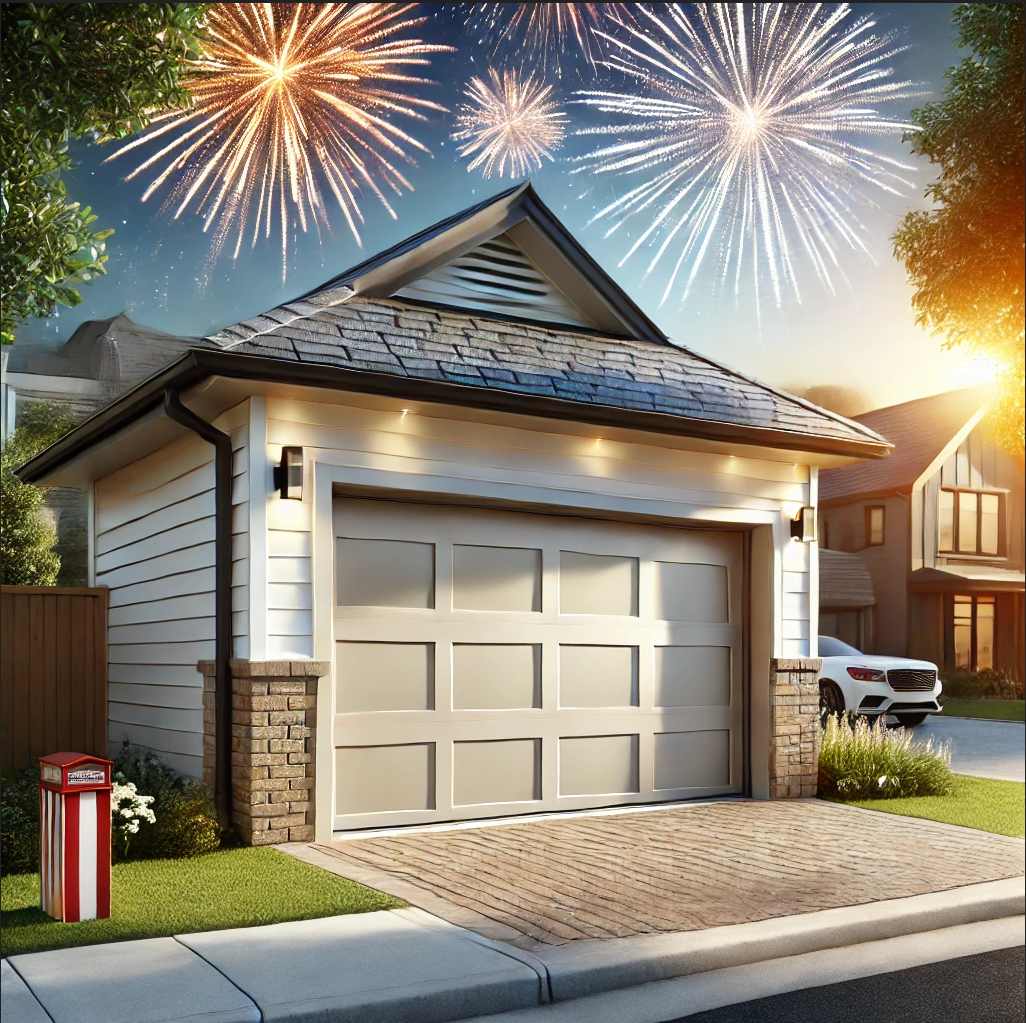A modern residential garage door in pristine condition with fireworks celebrating the New Year in the background, symbolizing a fresh start.