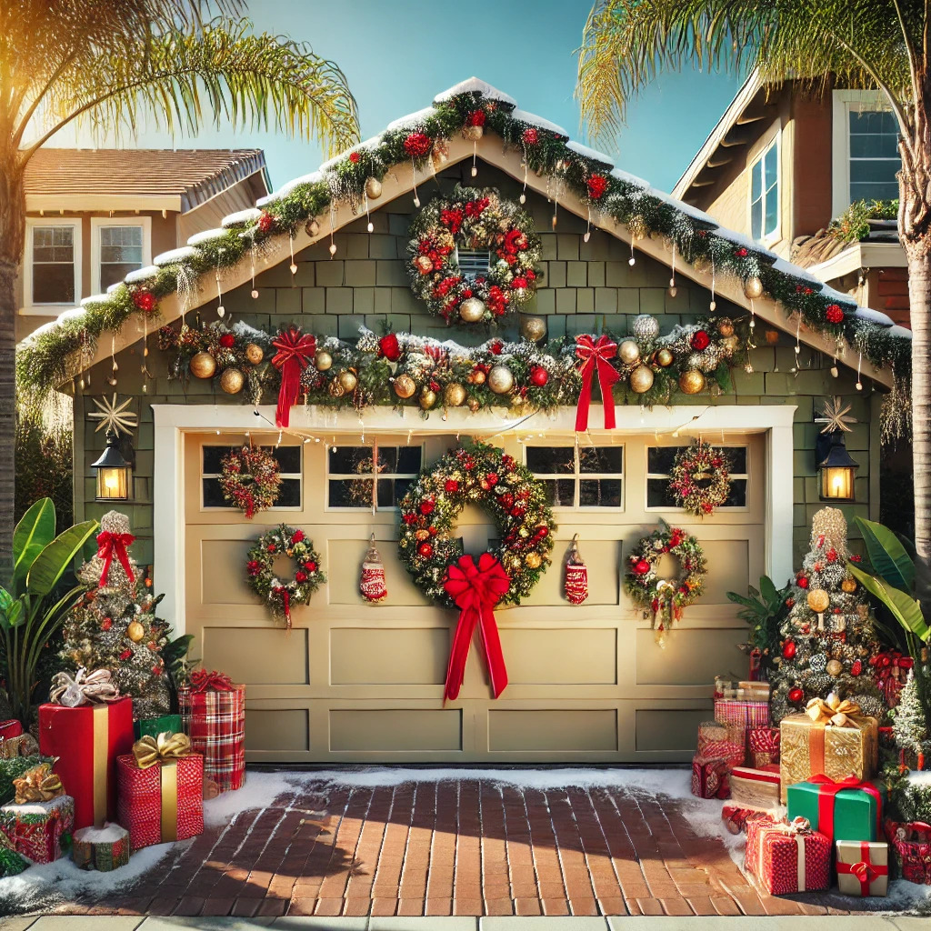 Festive garage door decorated with wreaths, red ribbons, and holiday ornaments in a sunny San Diego setting with palm trees and clear skies.