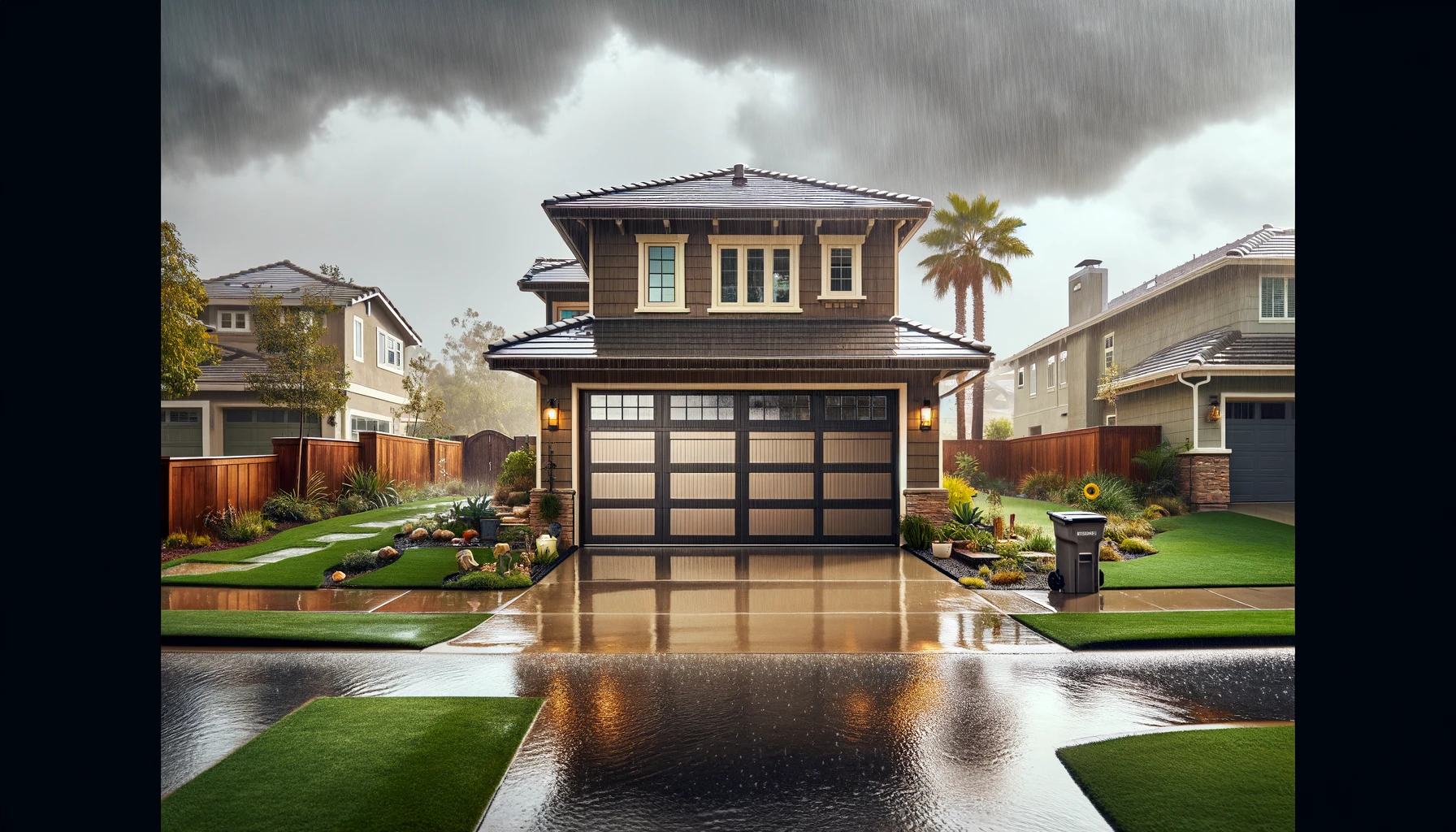 A modern two-story home in San Diego with a large, dark-toned garage door, pictured during a heavy rainstorm, with raindrops visibly striking the driveway and lush greenery surrounding the property