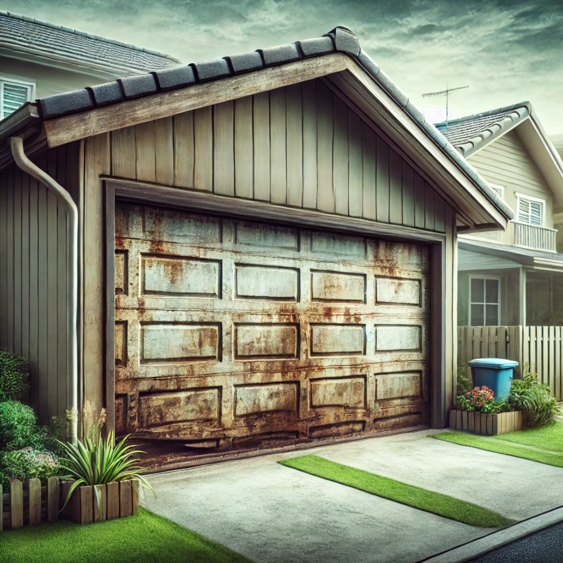 Residential garage door in poor condition with rust and visible wear, showing the consequences of neglected maintenance.