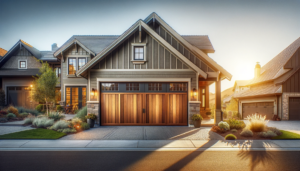 An exquisite Clopay wooden garage door on a modern craftsman-style home at dusk, with warm lights glowing from the windows and a serene landscaped front yard.