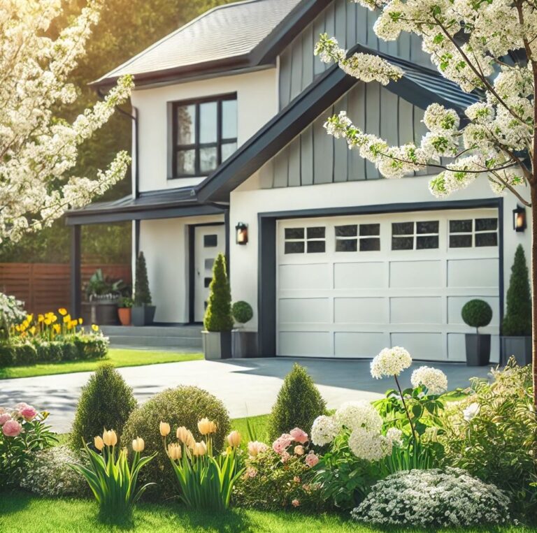 A modern residential home with a clean and well-maintained garage door, surrounded by blooming flowers and green trees in a bright spring setting.
